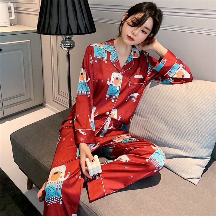 Long Sleeve Silk Cartoon Printed Sleepwear