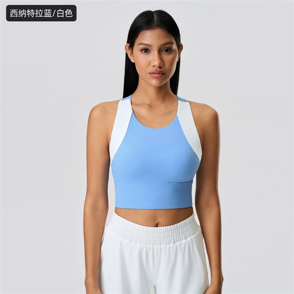 Blokka tal-kulur imqaxxar tal-bra built-in li jerfa 'lura l-isports bra yoga workout top għan-nisa