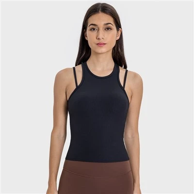 Tank Racerback tal-Bra Built-in Workout li jieħu n-nifs tal-flokk tal-yoga slim-fit għal taħriġ ta 'intensità għolja